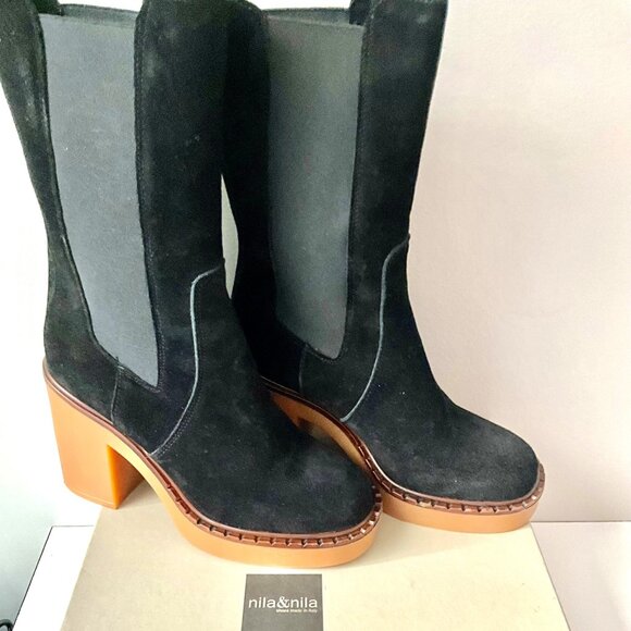 Nila & Nila Suede Platform Ankle Boots Black Made in Italy Size 38 - Picture 7 of 10